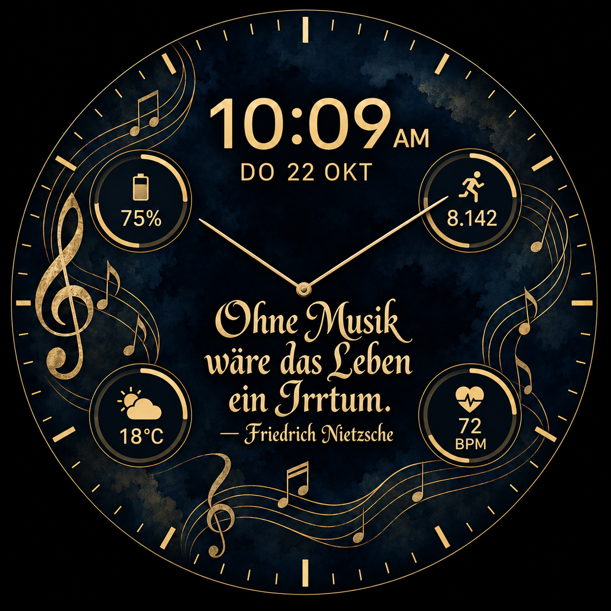 Nietzsche music watch-face design with golden musical notes, analog hands and digital time on a midnight blue dial